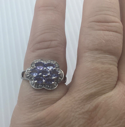 9ct tanzanite and natural diamond white gold halo cluster ring size M1/2