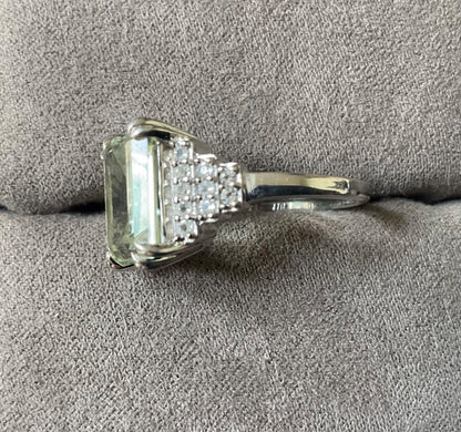 925 Green Amethyst & Zircon emerald cut & stepped shoulders ring R-R1/2 silver