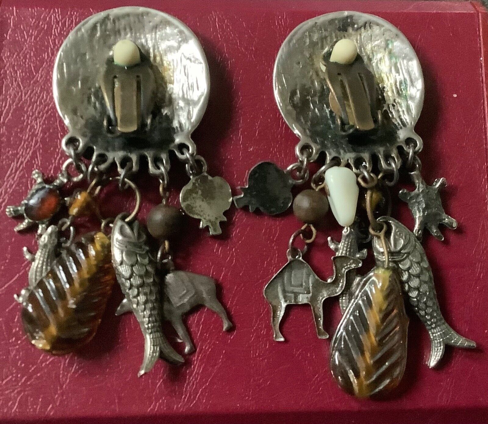 large vintage silver tone world globe earth clip earrings with dangling animals