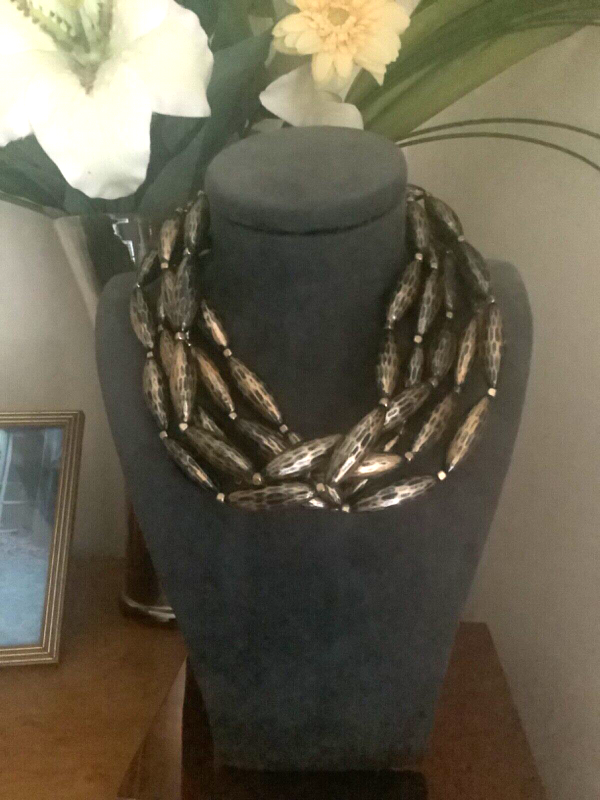 Antique gold and black coloured multi strand lozenge barrel bead necklace 18-21”