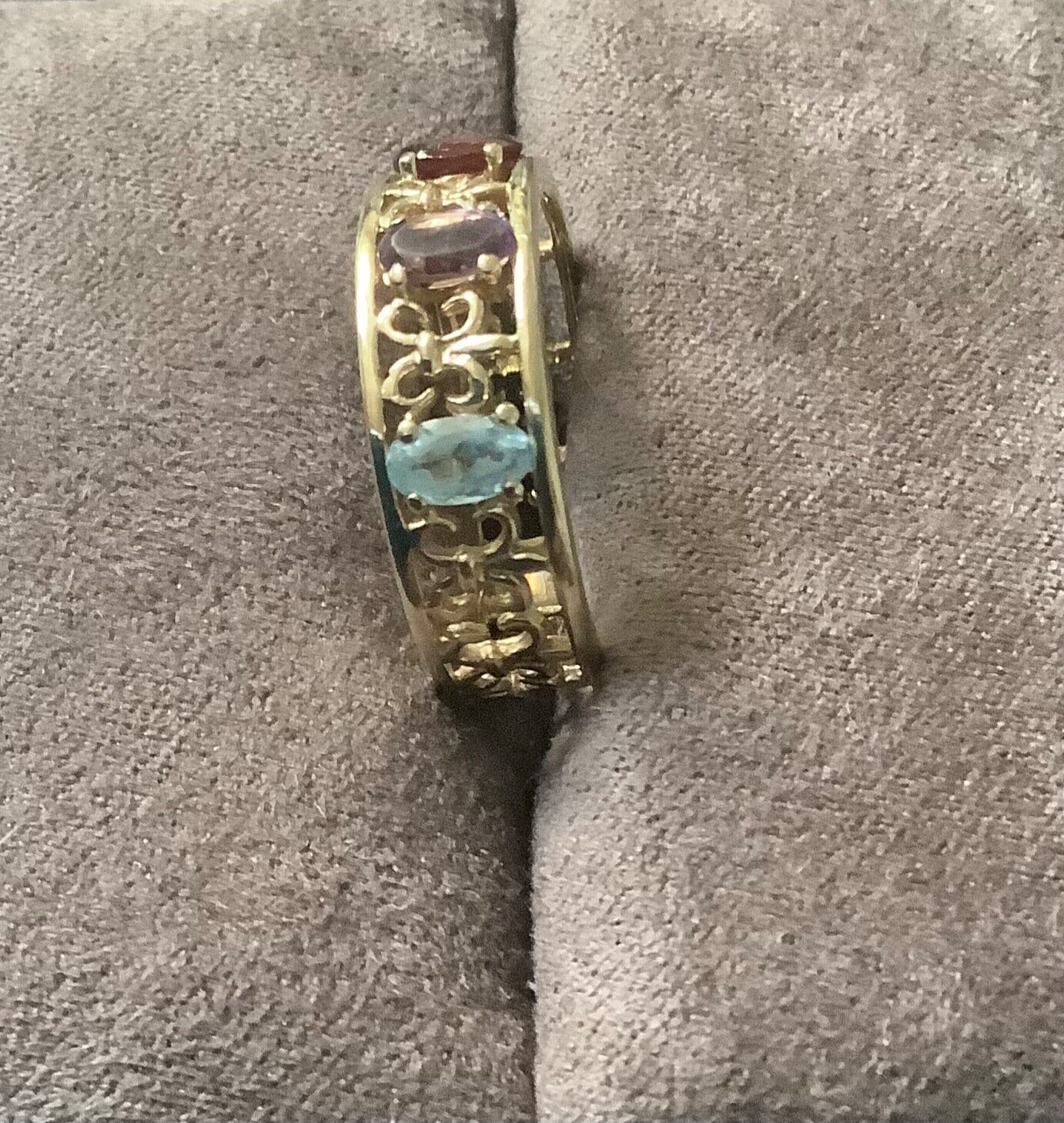 9ct amethyst garnet blue topaz fleur-de-lys cutout ring O-O1/2 yellow gold