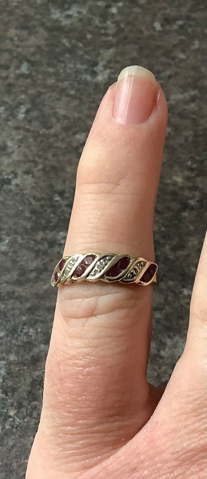 9ct ruby and diamond wave ring size L yellow gold hallmarked