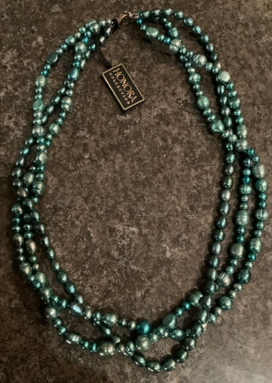 Honora Pearls 3 row cultured pearl necklace with silver clasp 17.5" green