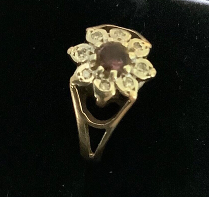 9ct amethyst and diamond vintage flower ring size K1/2 READ DESCRIPTION!