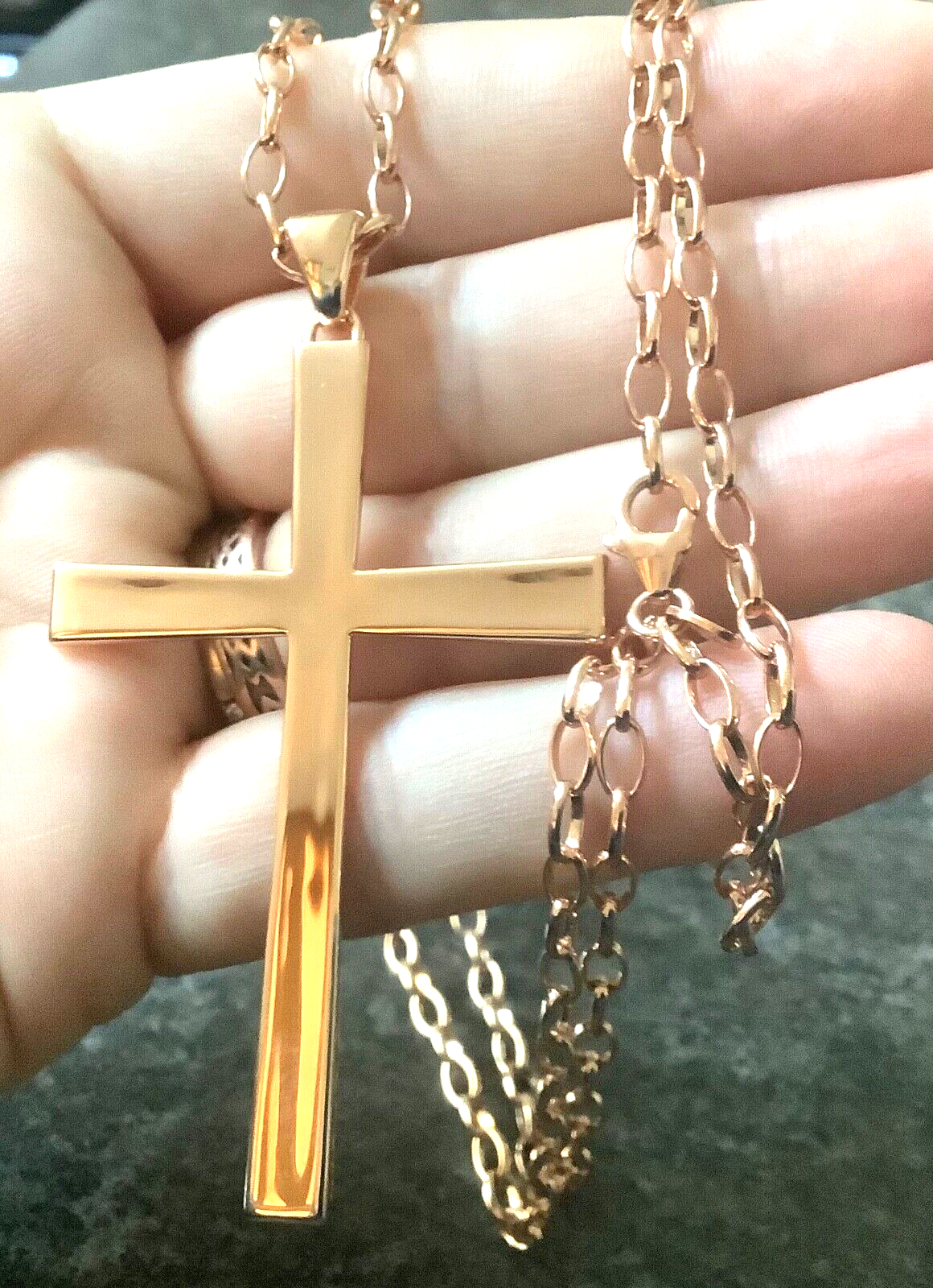 BRONZE MILOR ITALY Large cross pendant on 31" belcher chain rose gold tone
