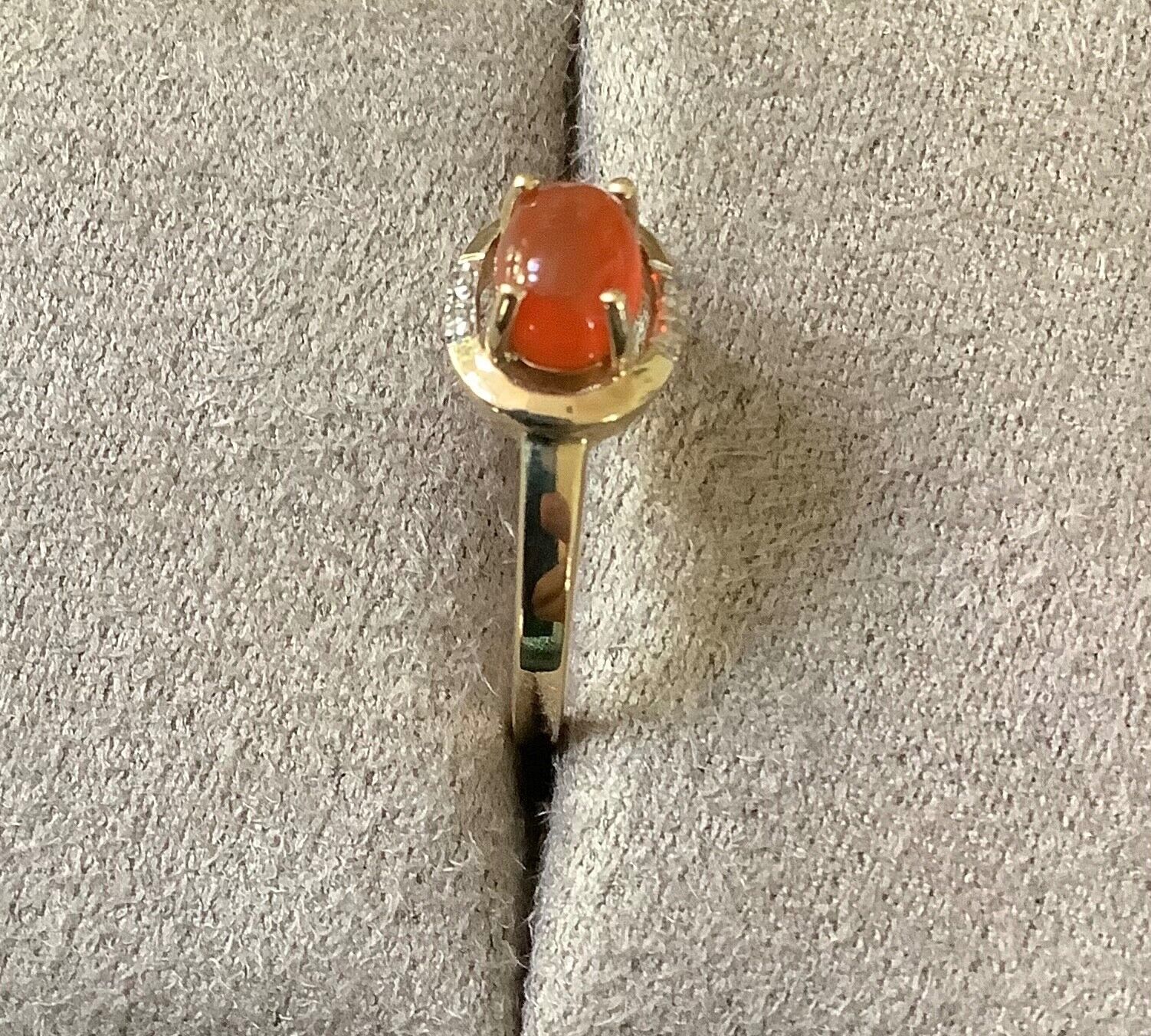 9ct fire opal cabochon and diamond ring size N1/2 yellow gold hallmarked