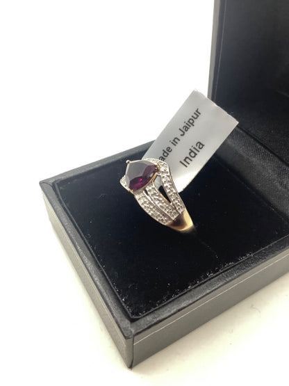 9ct natural rhodolite garnet & natural diamond yellow gold ring N1/2 hallmarked