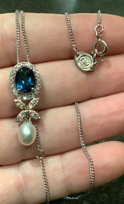 Clogau Queens Jubilee Superbloom Blue Topaz silver pearl necklace RRP £260