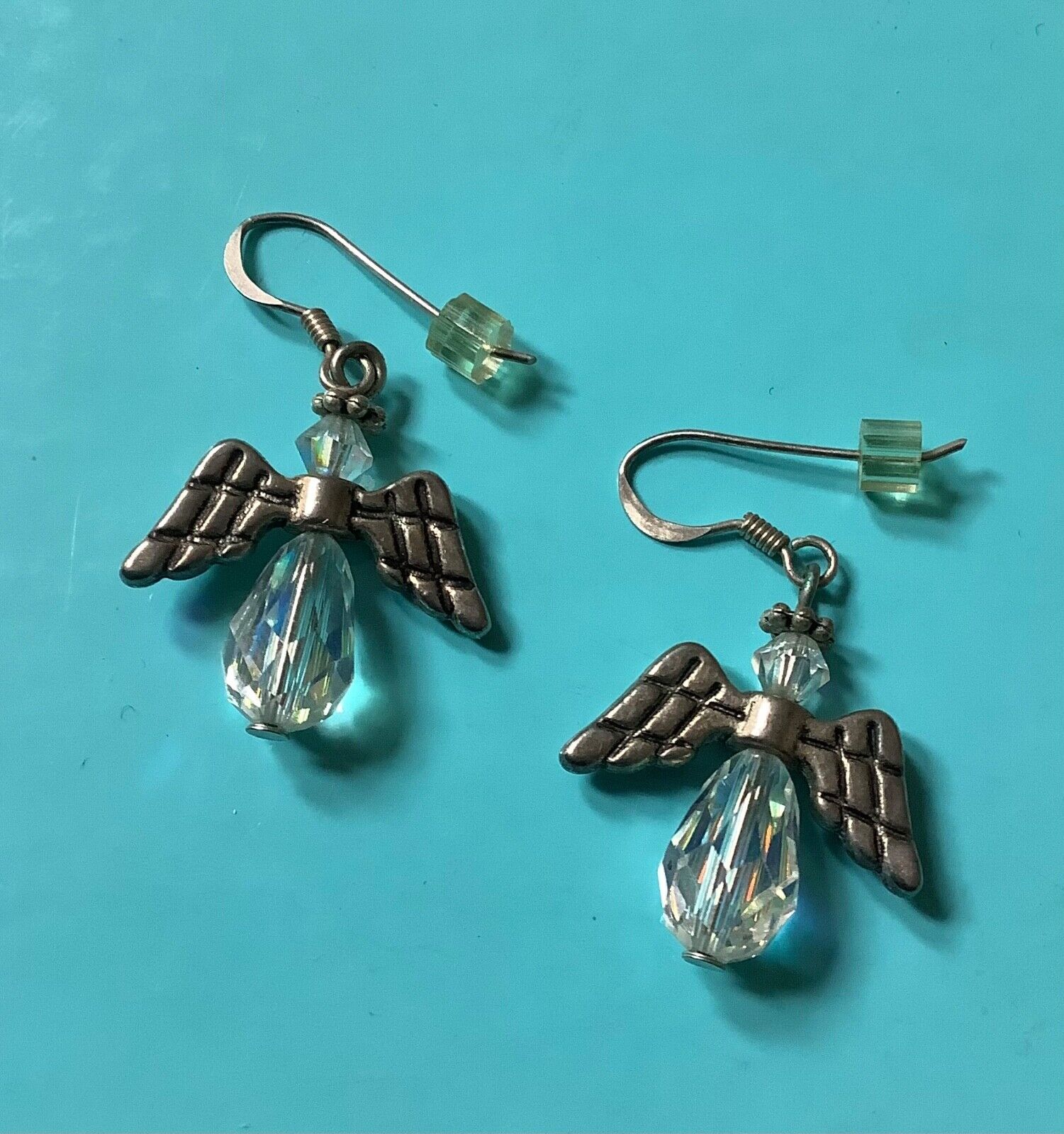 Guardian angel drop earrings with aurora borealis crystals and 925 silver hooks