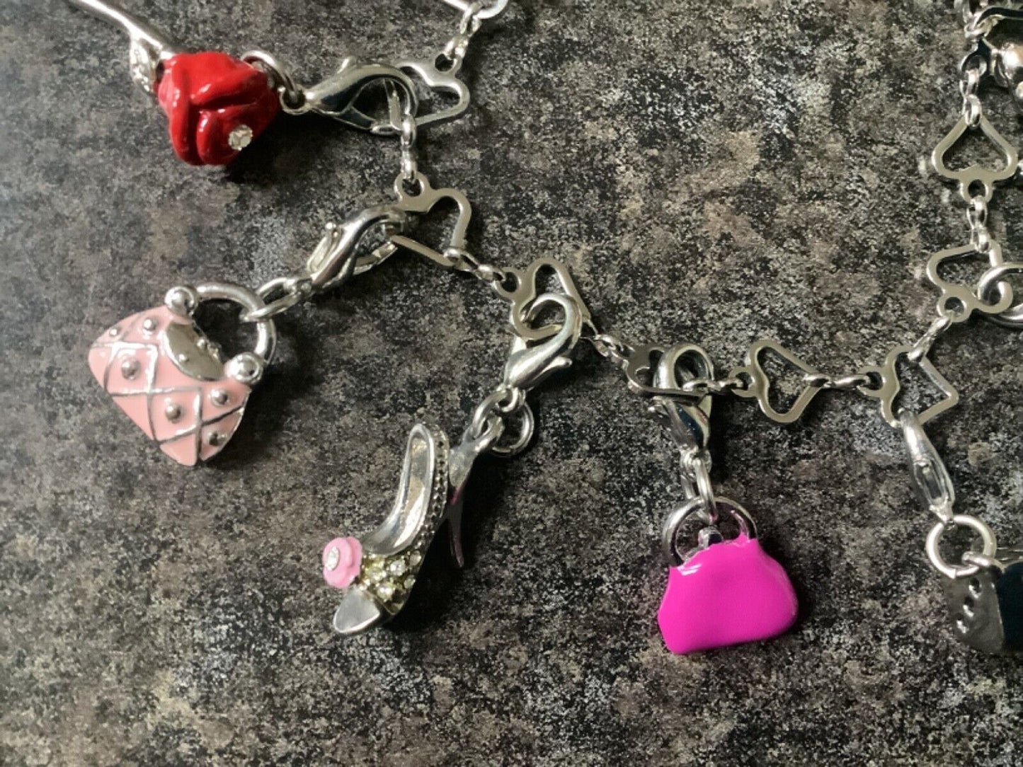Silver tone heart link multi charm bracelet 10 detachable interchangeable charms