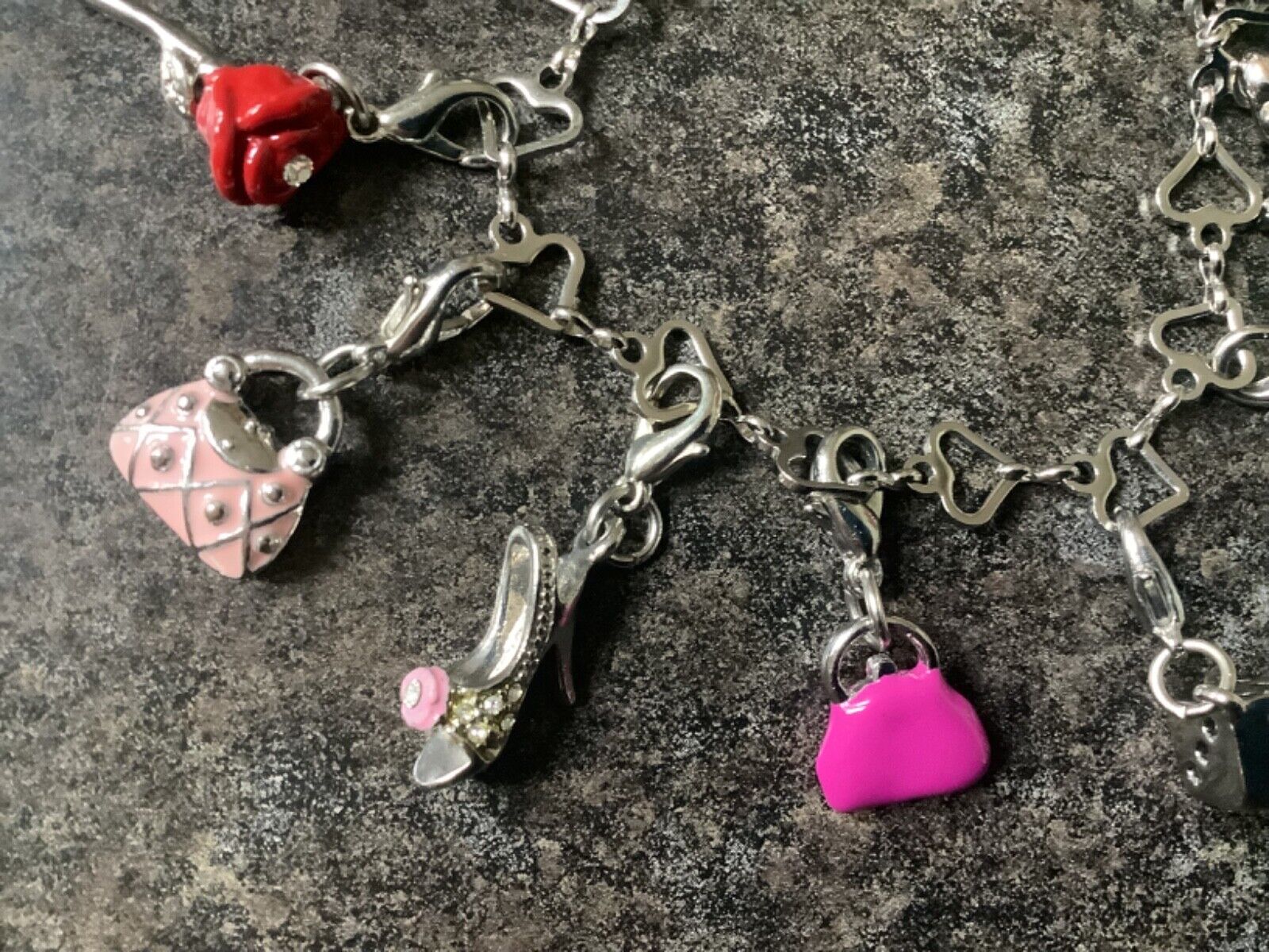 Silver tone heart link multi charm bracelet 10 detachable interchangeable charms