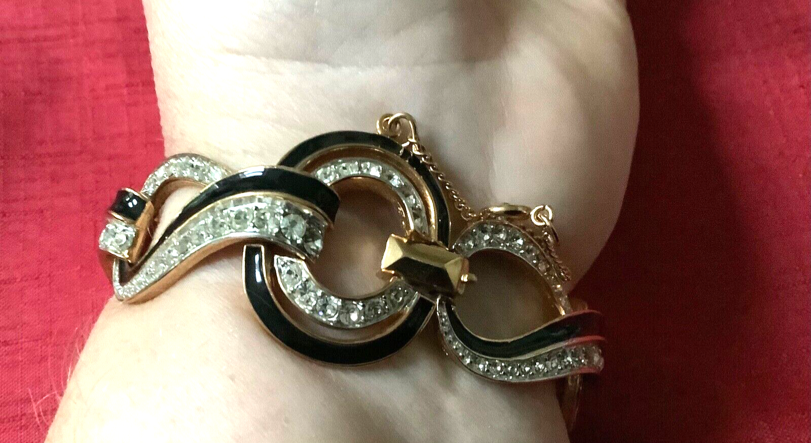 D'Orlan vintage black enamel and crystal RARE chunky bracelet gold plated 18cm