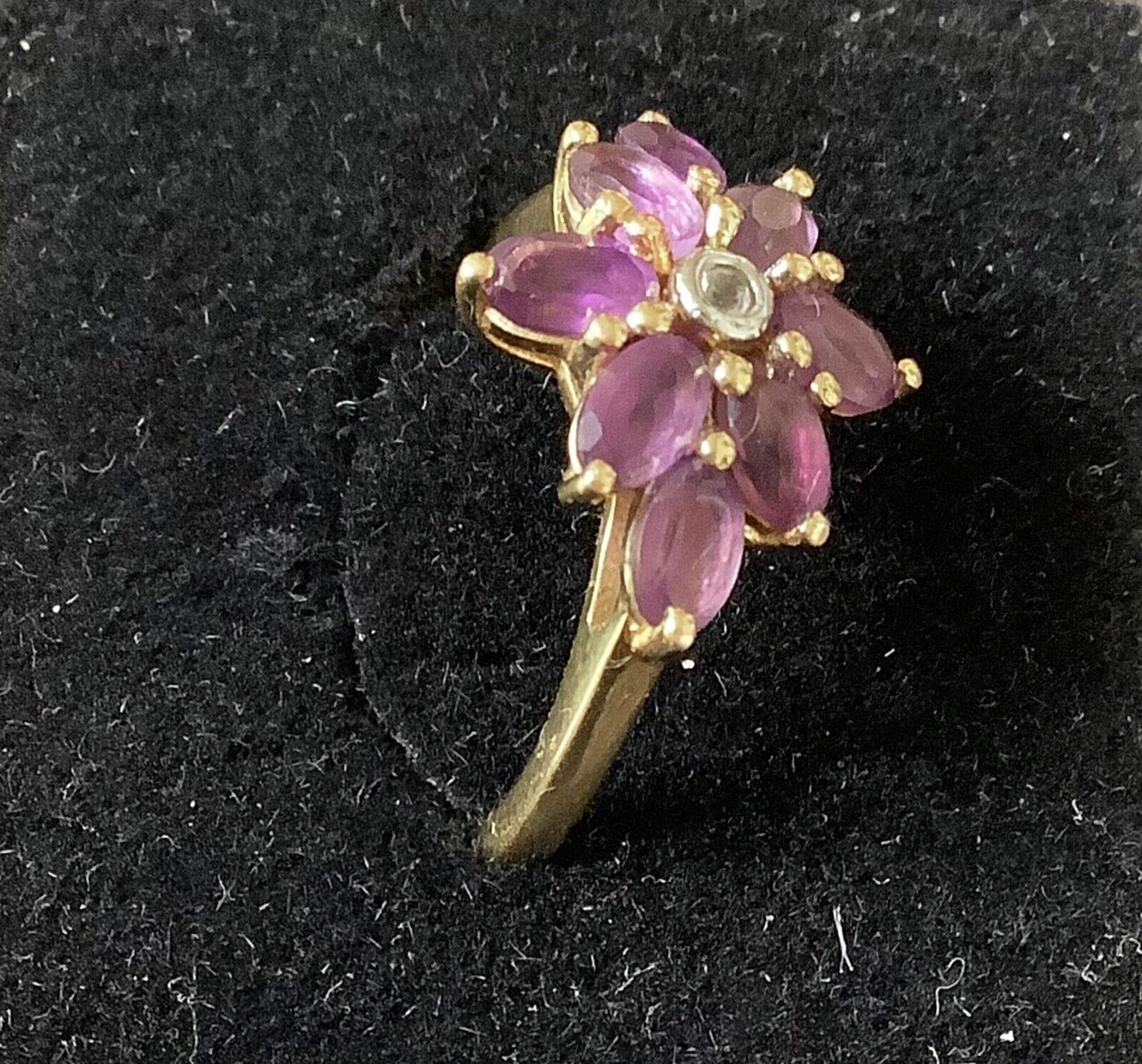 Amethyst and clear stone gold plated 925 silver floral ring T