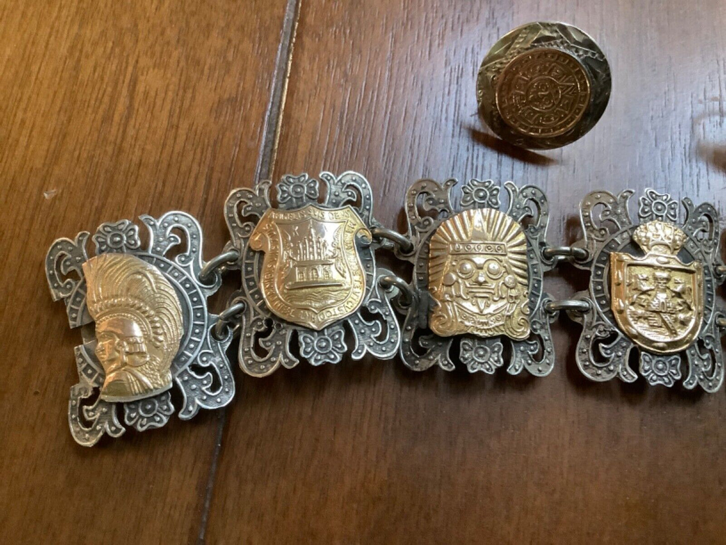 Mexico silver and gold shield design bracelet & screw back earrings set vintage