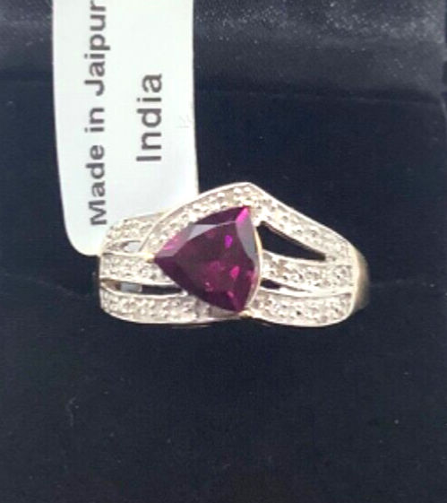 9ct natural rhodolite garnet & natural diamond yellow gold ring N1/2 hallmarked