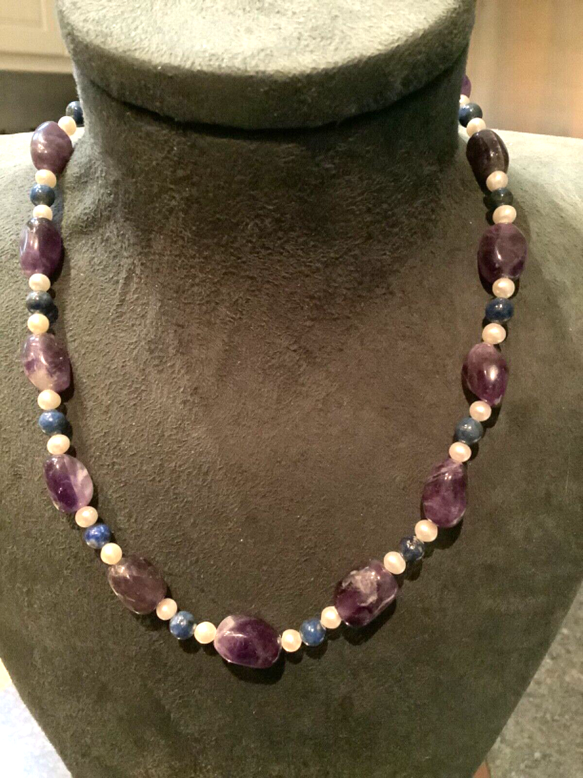 925 amethyst lapis lazuli and pearl bead necklace silver 18"