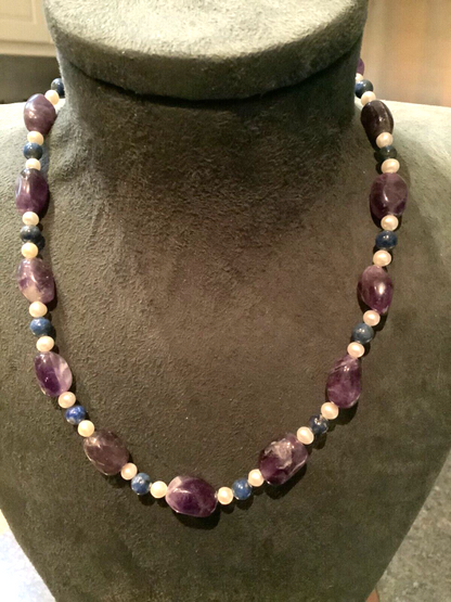 925 amethyst lapis lazuli and pearl bead necklace silver 18"