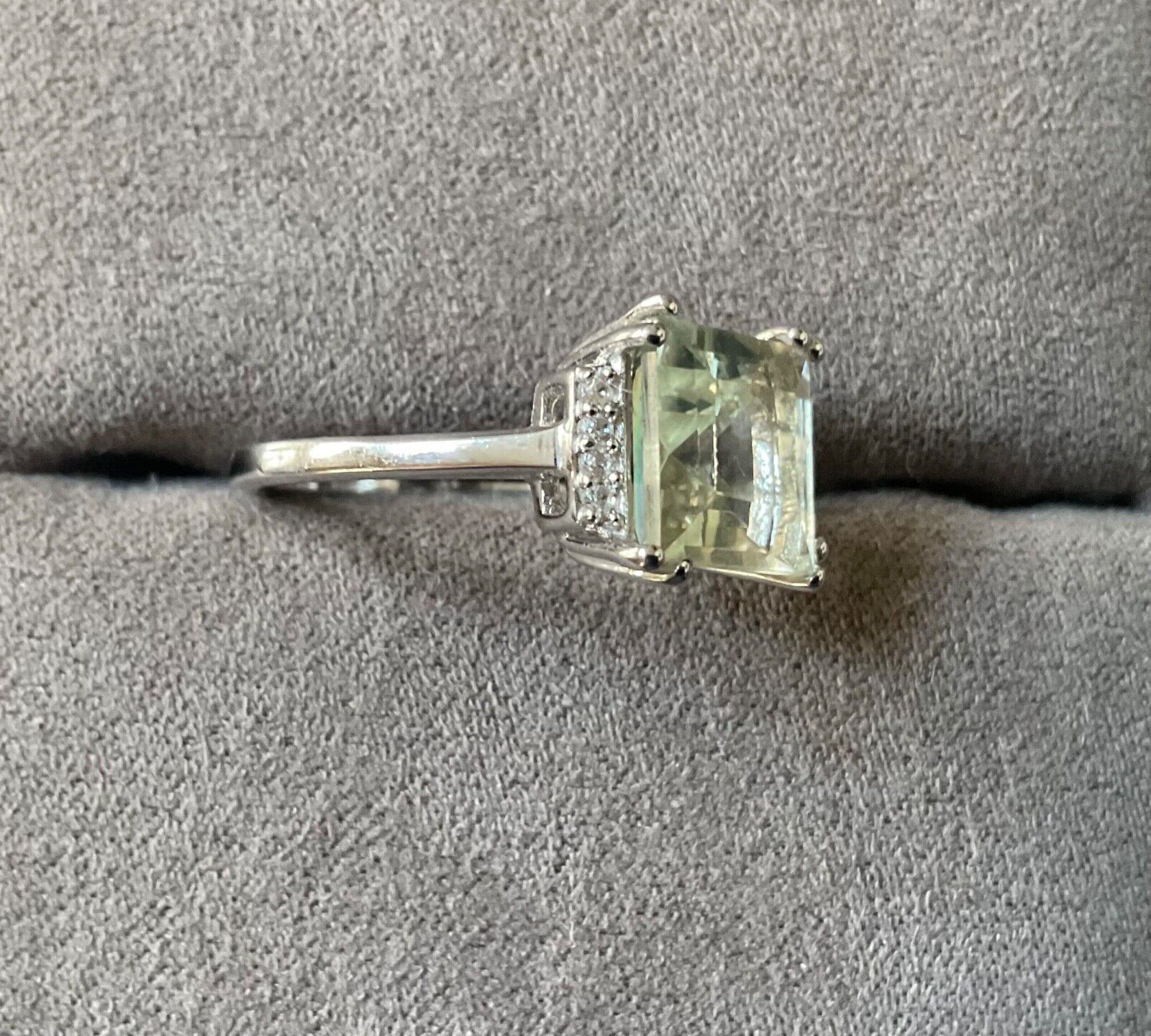 925 Green Amethyst & Zircon square cut ring size P sterling silver