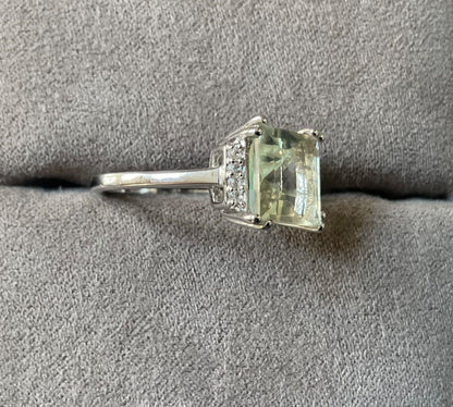 925 Green Amethyst & Zircon square cut ring size P sterling silver