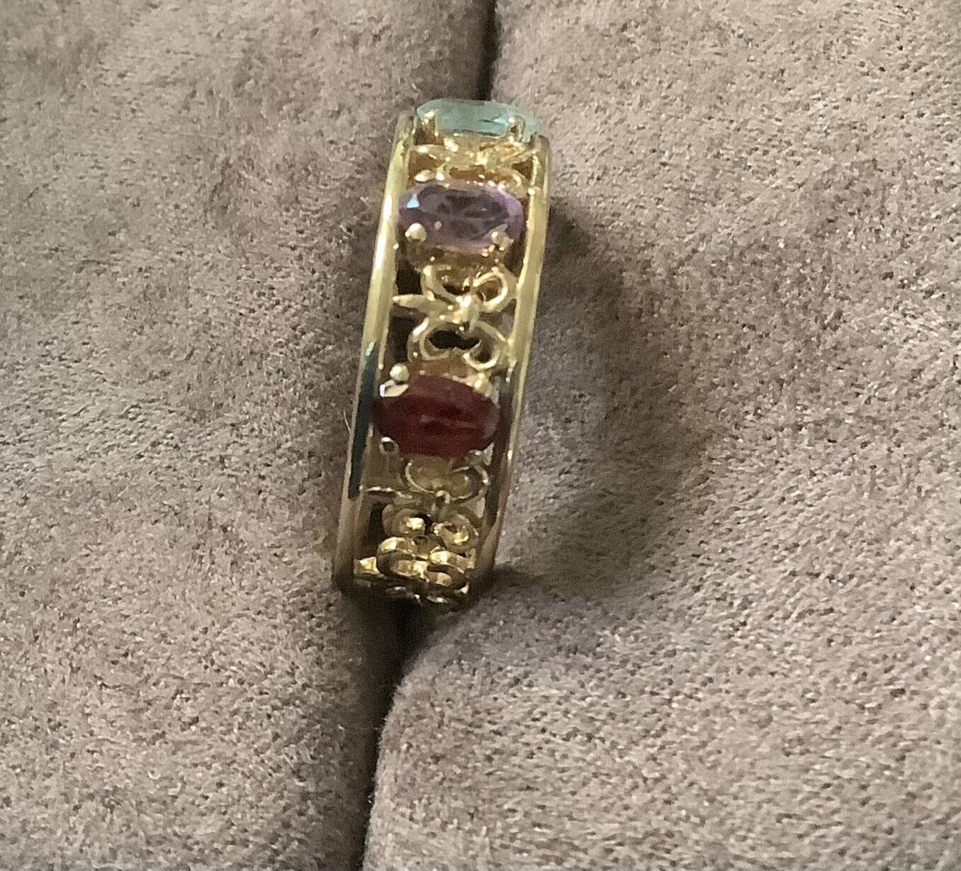 9ct amethyst garnet blue topaz fleur-de-lys cutout ring O-O1/2 yellow gold