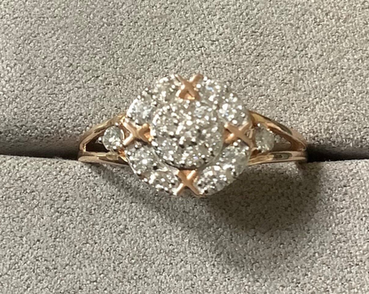 9ct rose gold Diamond cluster circle ring with gold kisses size P1/2
