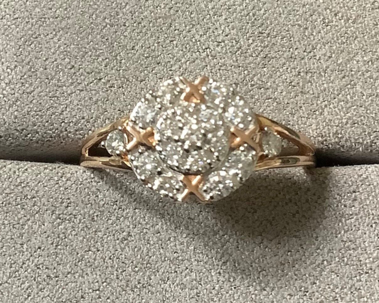 9ct rose gold Diamond cluster circle ring with gold kisses size P1/2