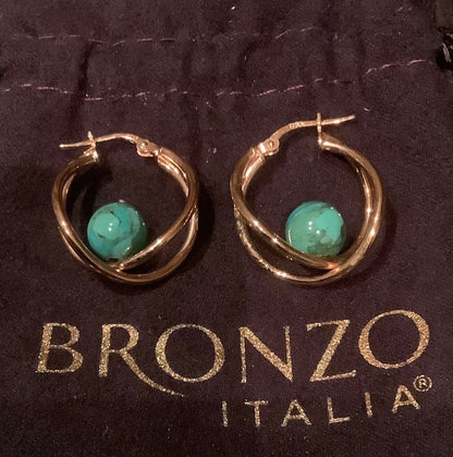 BRONZE MILOR ITALY turquoise colour stone cross over hoop earrings