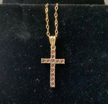 9ct ruby cross crucifix pendant on 16” fine 9ct trace chain yellow gold