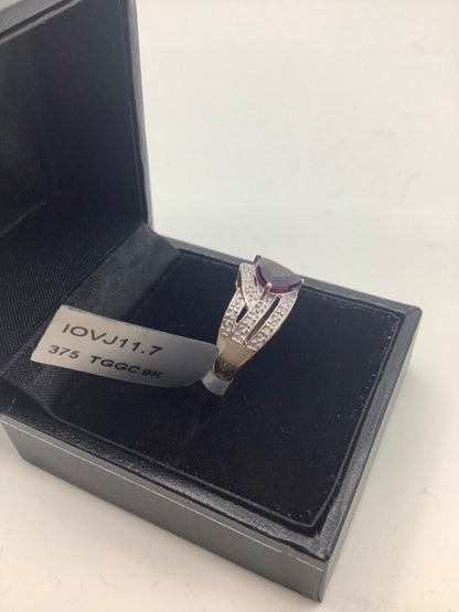 9ct natural rhodolite garnet & natural diamond yellow gold ring N1/2 hallmarked