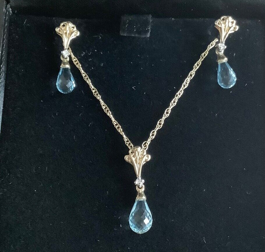 9ct aquamarine and diamond briolette cut earrings & 18” necklace set yellow gold