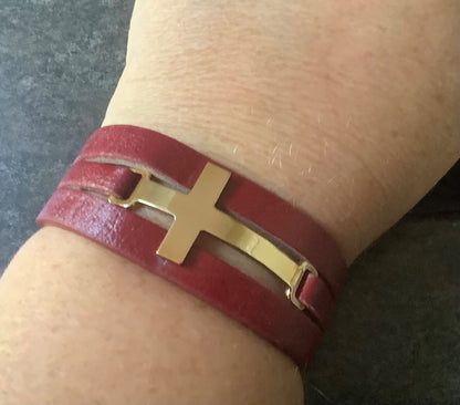 BRONZE MILOR ITALY red leather cross bracelet magnetic clasp