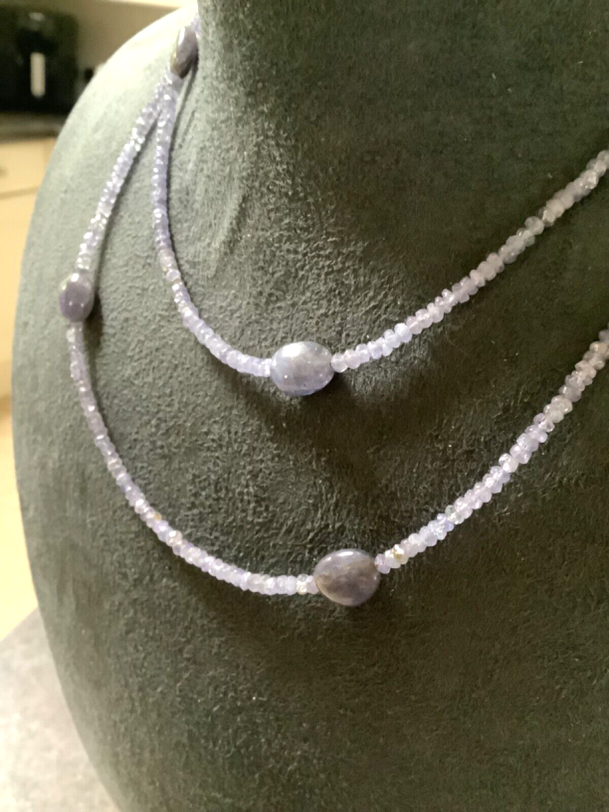 Long Natural Tanzanite bead necklace with 10ct yellow gold clasp 31.5” (80cm)