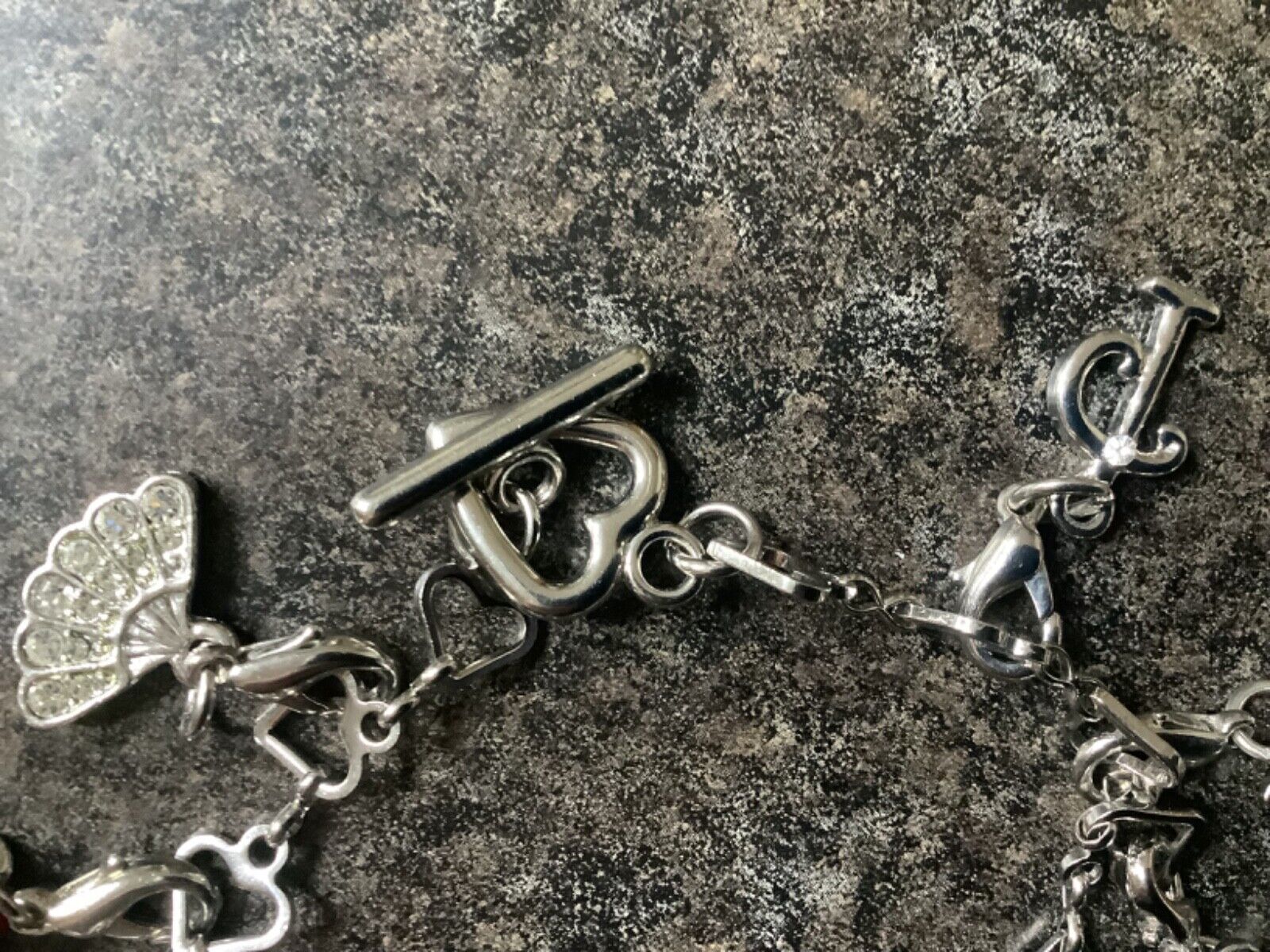 Silver tone heart link multi charm bracelet 10 detachable interchangeable charms