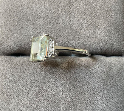 925 Green Amethyst & Zircon square cut ring size P sterling silver