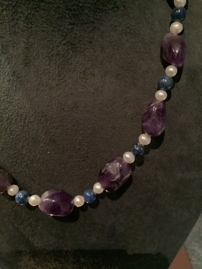 925 amethyst lapis lazuli and pearl bead necklace silver 18"