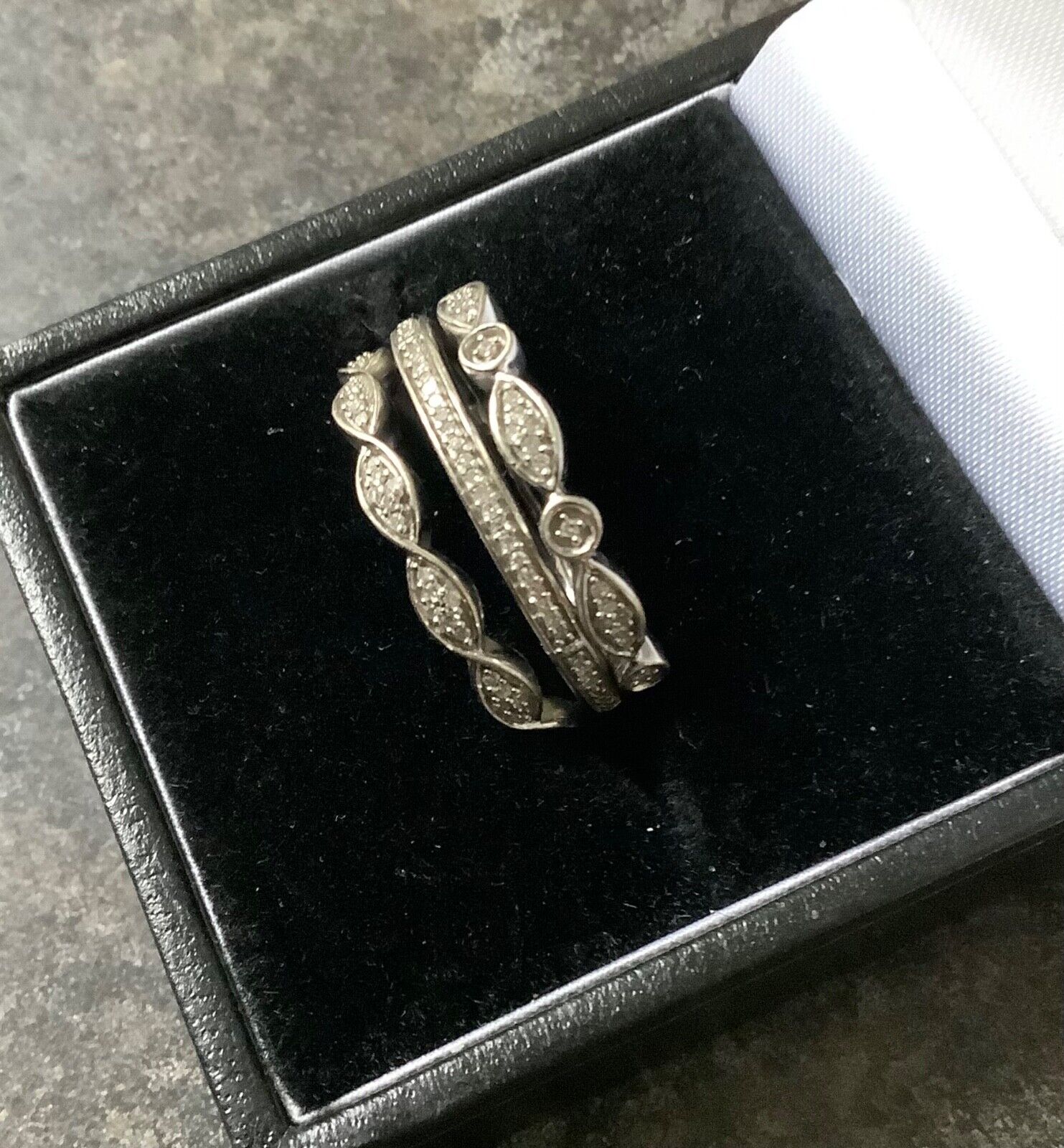 9ct white gold 0.15ct natural diamond 3 stacking rings size O1/2 - P RRP £699