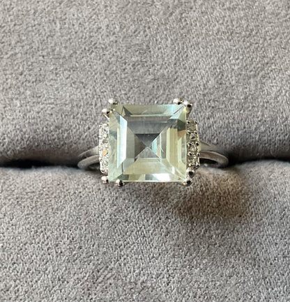 925 Green Amethyst & Zircon square cut ring size P sterling silver