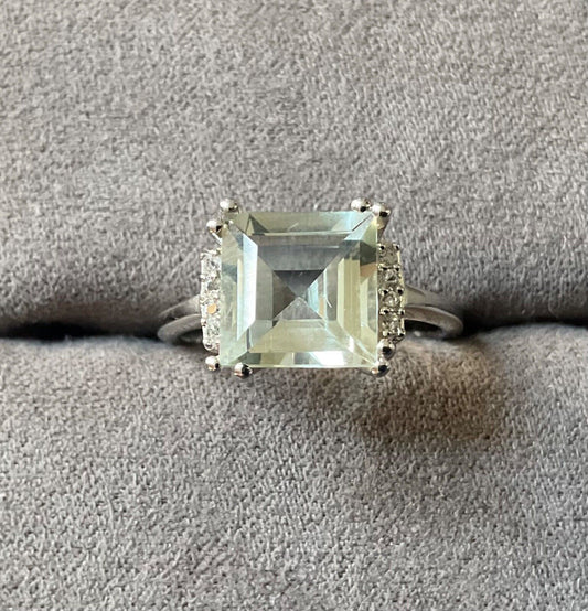 925 Green Amethyst & Zircon square cut ring size P sterling silver