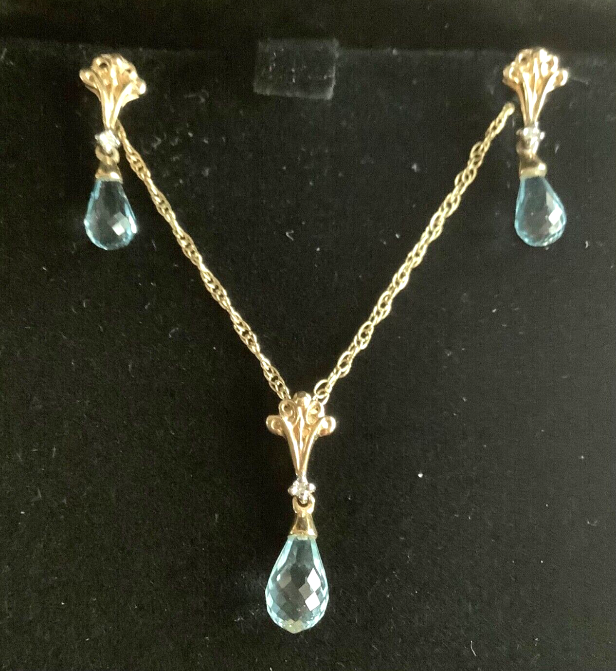 9ct aquamarine and diamond briolette cut earrings & 18” necklace set yellow gold