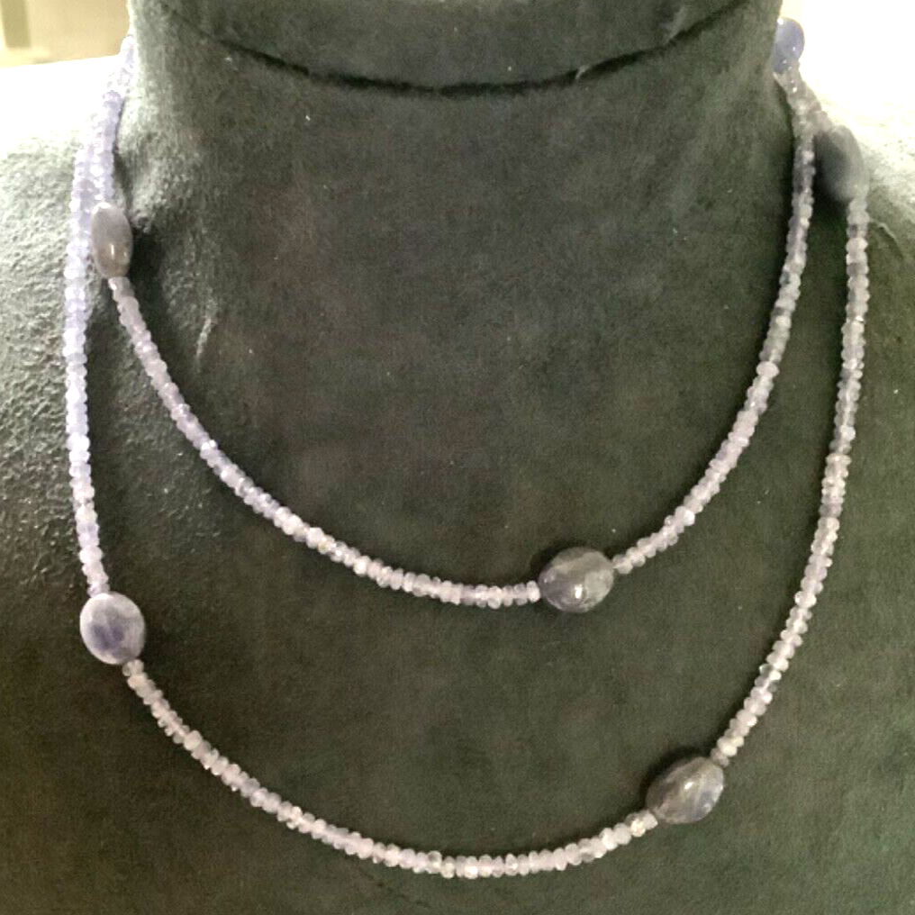 Long Natural Tanzanite bead necklace with 10ct yellow gold clasp 31.5” (80cm)