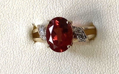 9ct red gemstone and diamond ring size N yellow gold