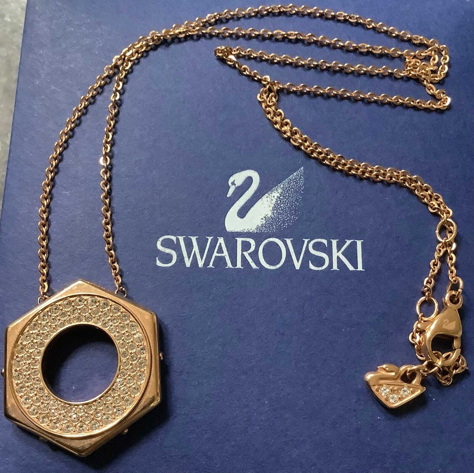 Swarovski crystal clear stone large hexagon gold tone pendant necklace