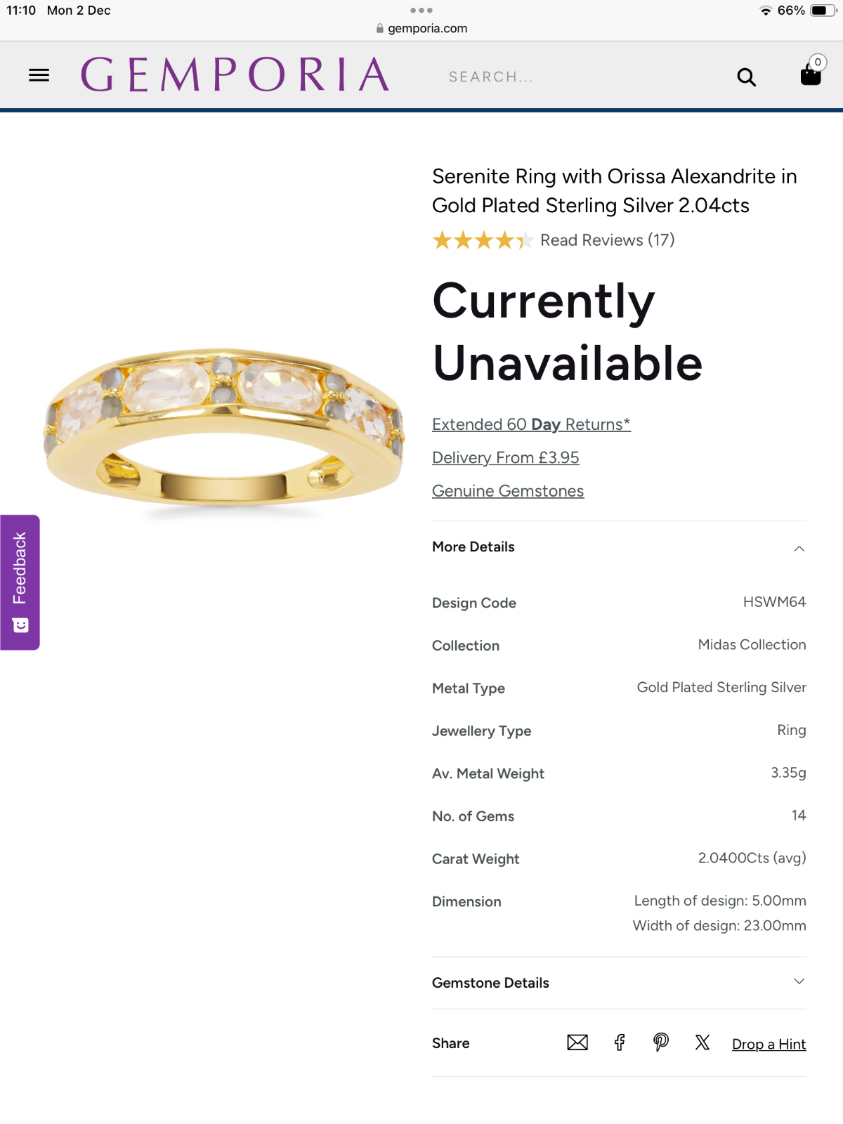 925 Serenite Ring with Orissa Alexandrite in Gold Plated Silver 2.04ct size P1/2