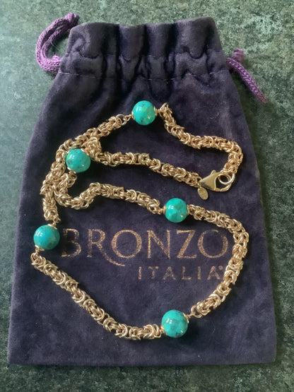 BRONZE MILOR ITALY turquoise colour bead byzantine rose gold tone necklace 19”