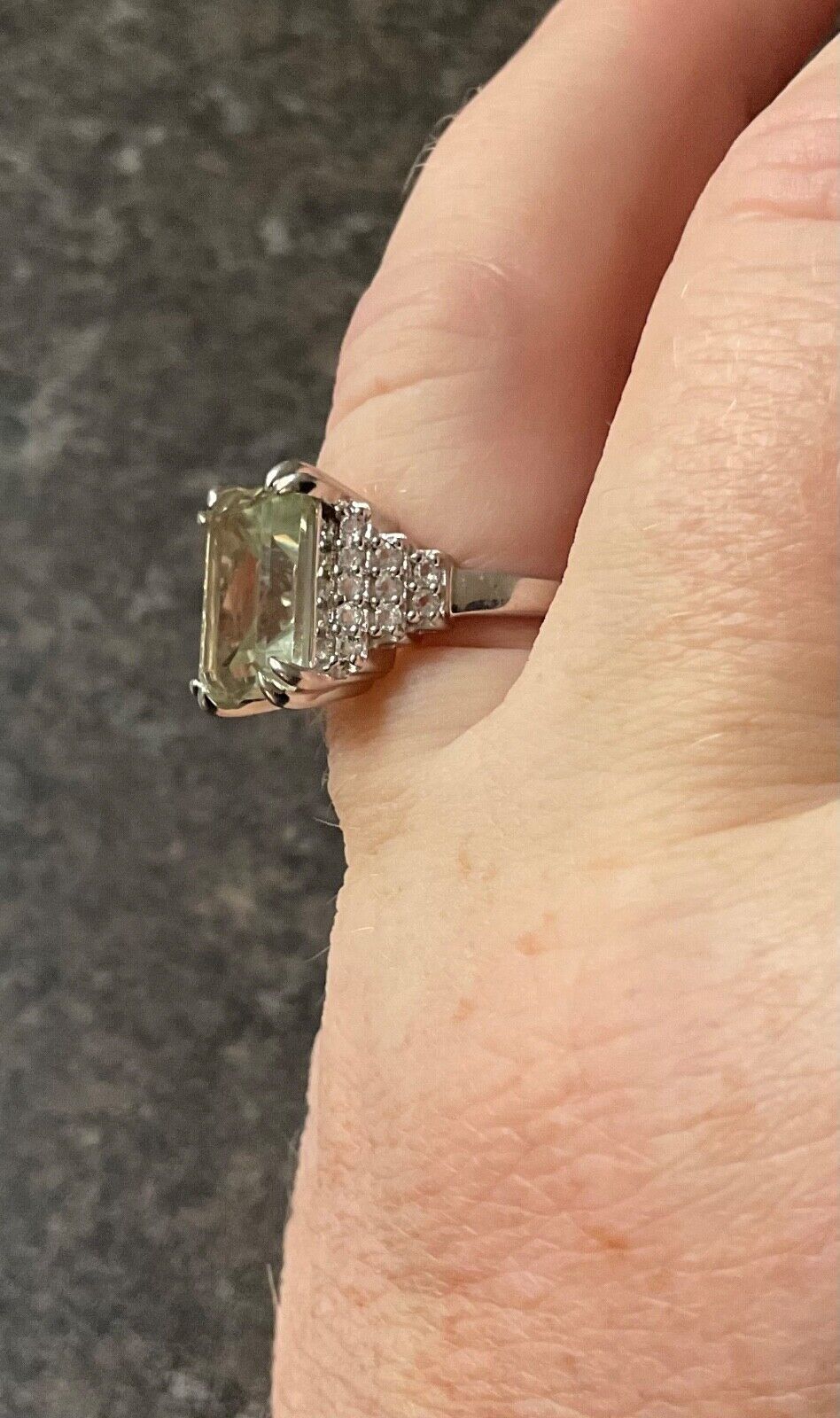 925 Green Amethyst & Zircon emerald cut & stepped shoulders ring R-R1/2 silver