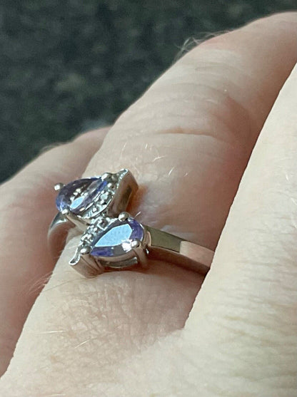 925 Tanzanite and Diamond pear cut bypass ring size Q sterling silver