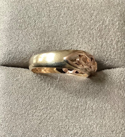 Clogau 9ct Pink Sapphire Celtic Lovers Weave ring size M yellow and rose gold