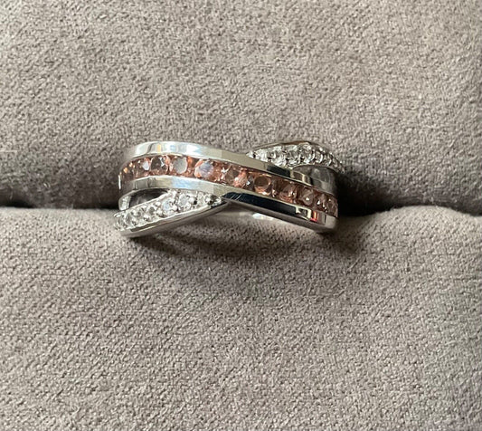 925 Andalusite and zircon channel set cross over ring size N1/2 sterling silver
