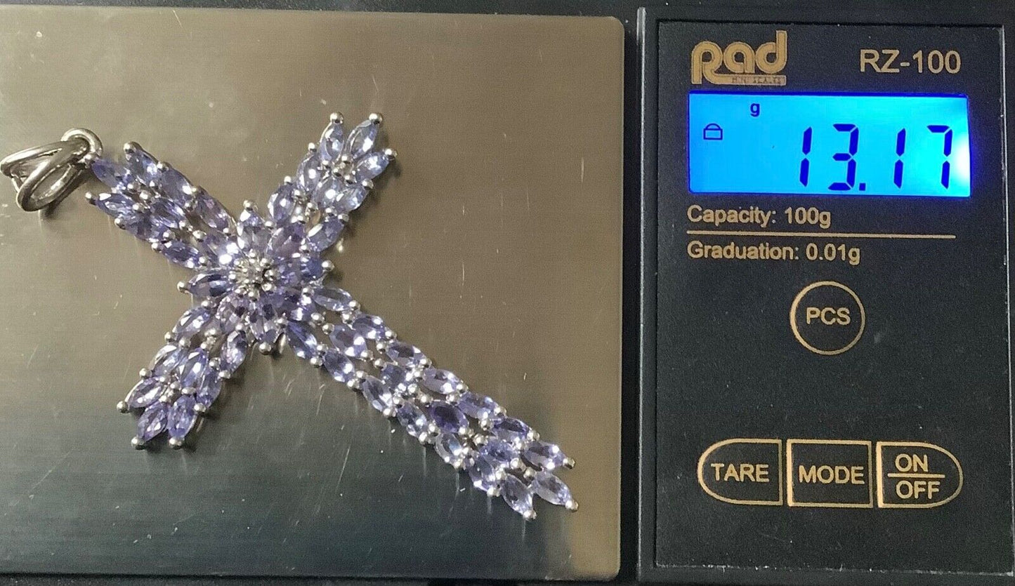 925 tanzanite cluster large cross pendant sterling silver TGGC 7.5x4.5cm