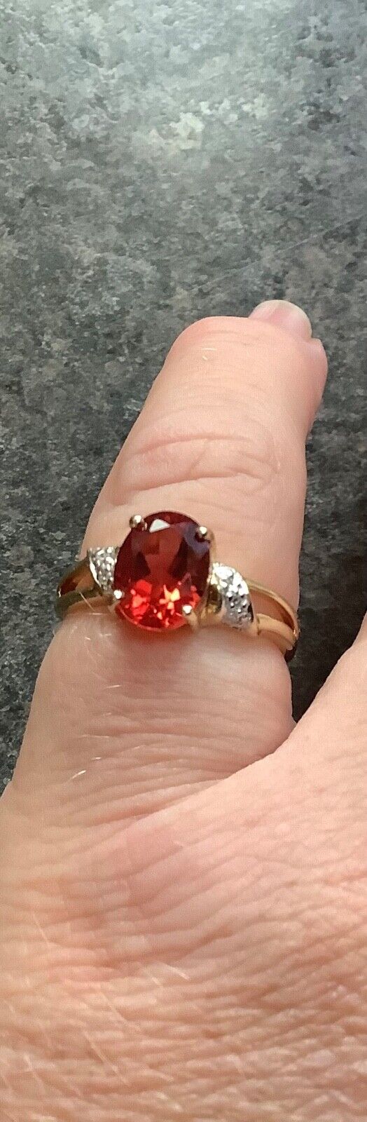 9ct red gemstone and diamond ring size N yellow gold